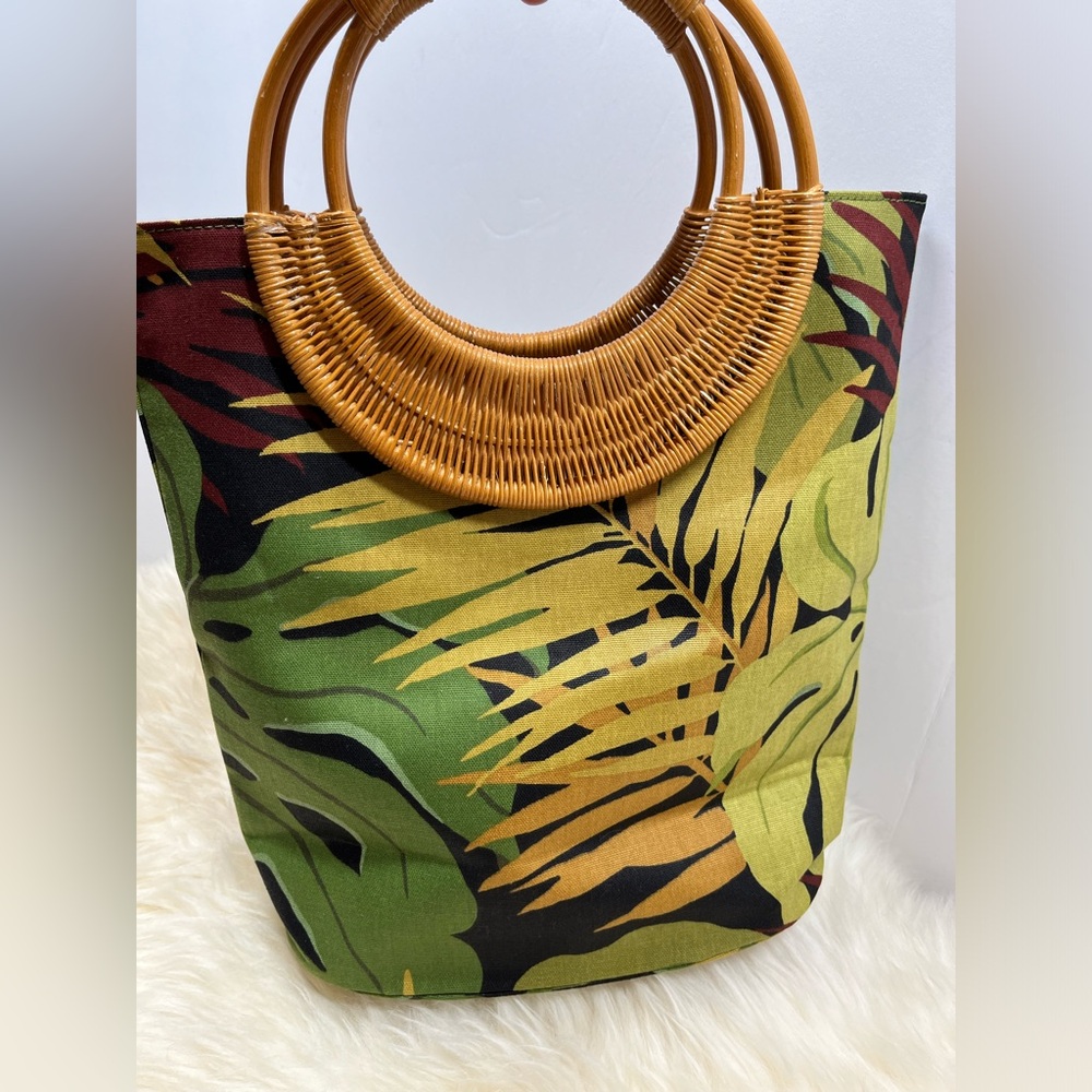 Fossil Forever Vintage Rare Canvas Tropical Foliage Wicker HandleShoulder Bag - Picture 4 of 14